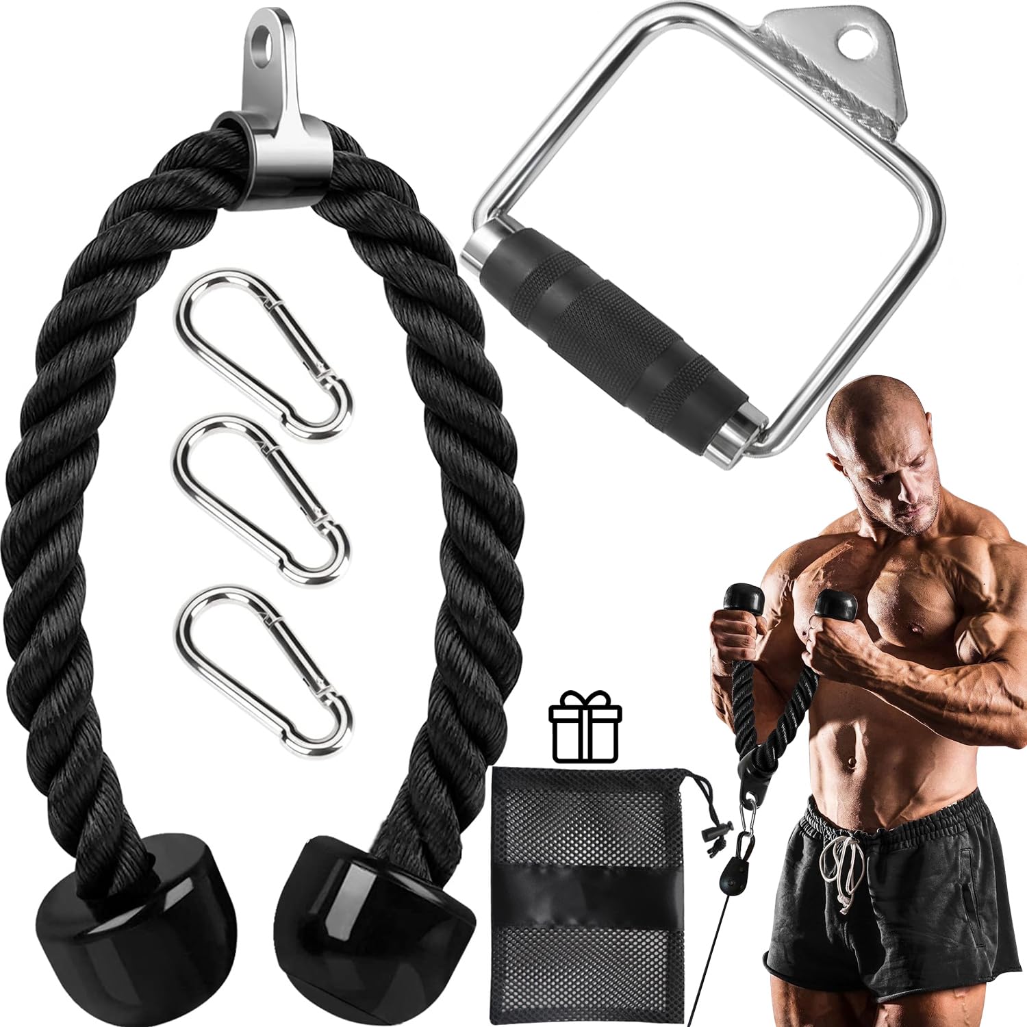 Accesorios de Polea de Cable para Ejercicio en Casa,Combo de Accesorios para Poleas de Gym, Agarres y Equipos de Gimnasio,Mango en D, Cuerda de tríceps y 3 Alpinistične zaponke