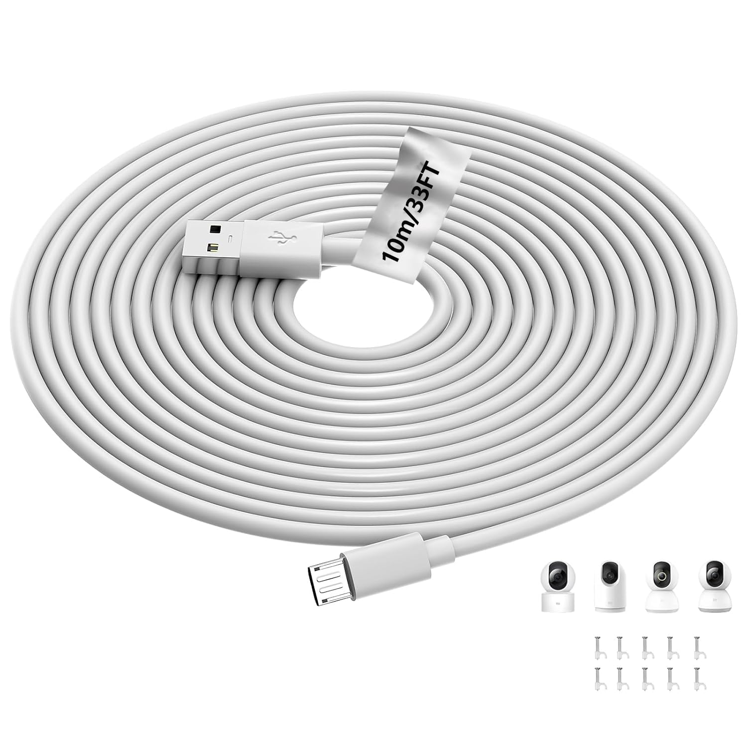 10m/33FT Micro USB Cable for WyzeCam, ACAGET USB A to Micro USB Power Cable for Ring Indoor Camera (2nd Gen) Extension Cord for XIAOMI Mi 360° Camera/YI/Cloud/Nest/Furbo Dog Cam,10 Pcs Cable Clip
