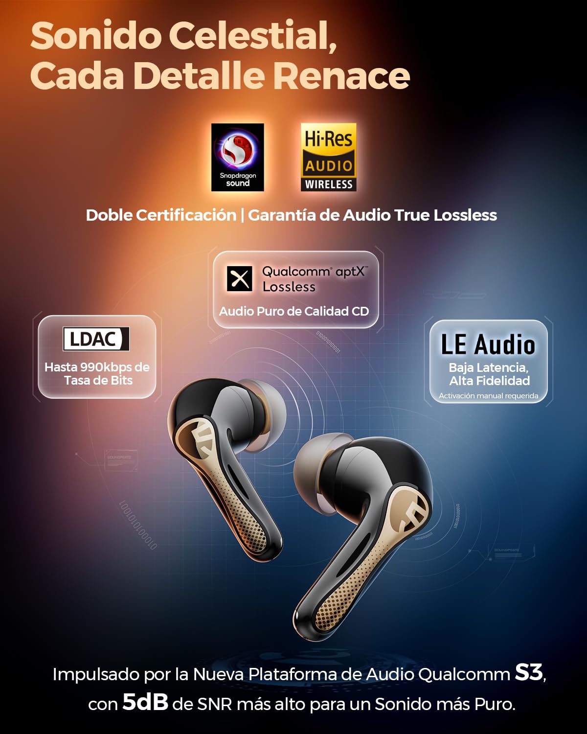 SoundPEATS Air5 Pro+ Auriculares Inalámbricos con Cancelación de Ruido, Unidad MEMS y Híbrida, Hi-Res Audio, LDAC y aptX Lossless, ANC adaptativo con IA, Llamadas con IA de 6 Mics, Multipunto, IPX5