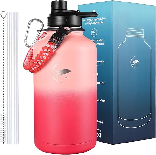 Miniatura 1 de Botella de agua aislada de 64 onzas, botella de agua de acero inoxidable al vacío con tapas de popote y tapas de boquilla, mango de paracaídas,