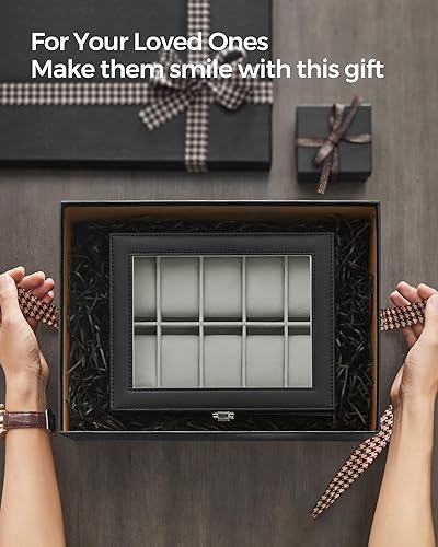 Miniatura 7 de SONGMICS Caja de reloj, caja de reloj de 10 ranuras con tapa de vidrio grande, almohadas extraíbles para reloj, organizador de caja de reloj, regalo