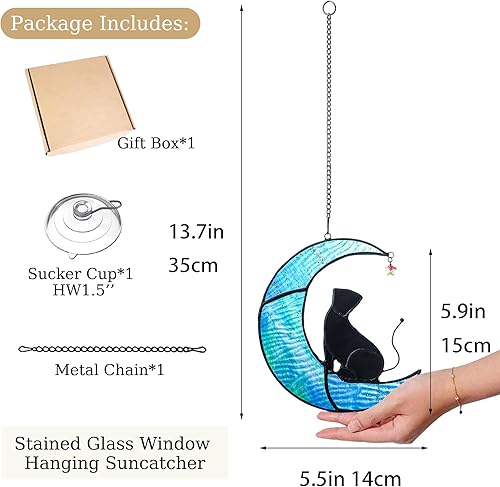 Miniatura 3 de HDCRYSTALGIFTS Gato negro para colgar en la ventana, diseño de gato sentado en luna azul, para decoración de pared de ventana, regalos para
