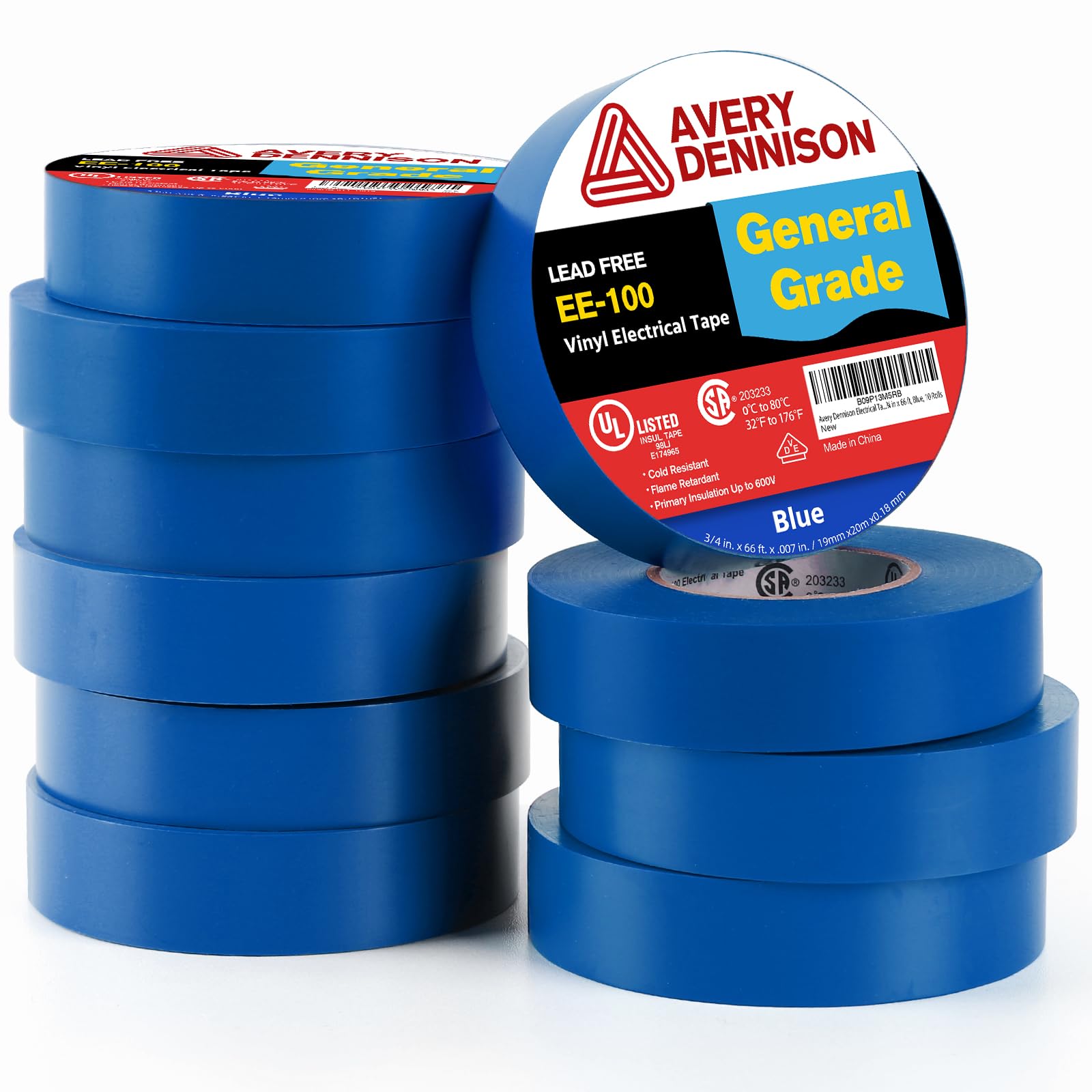 Avery Dennison Electrical Tape, 10 Rolls General Use PVC Electric Tape, UL/CSA Listed ¾ in x 66 ft Insulating Vinyl Tape for Electrical, Repairs,