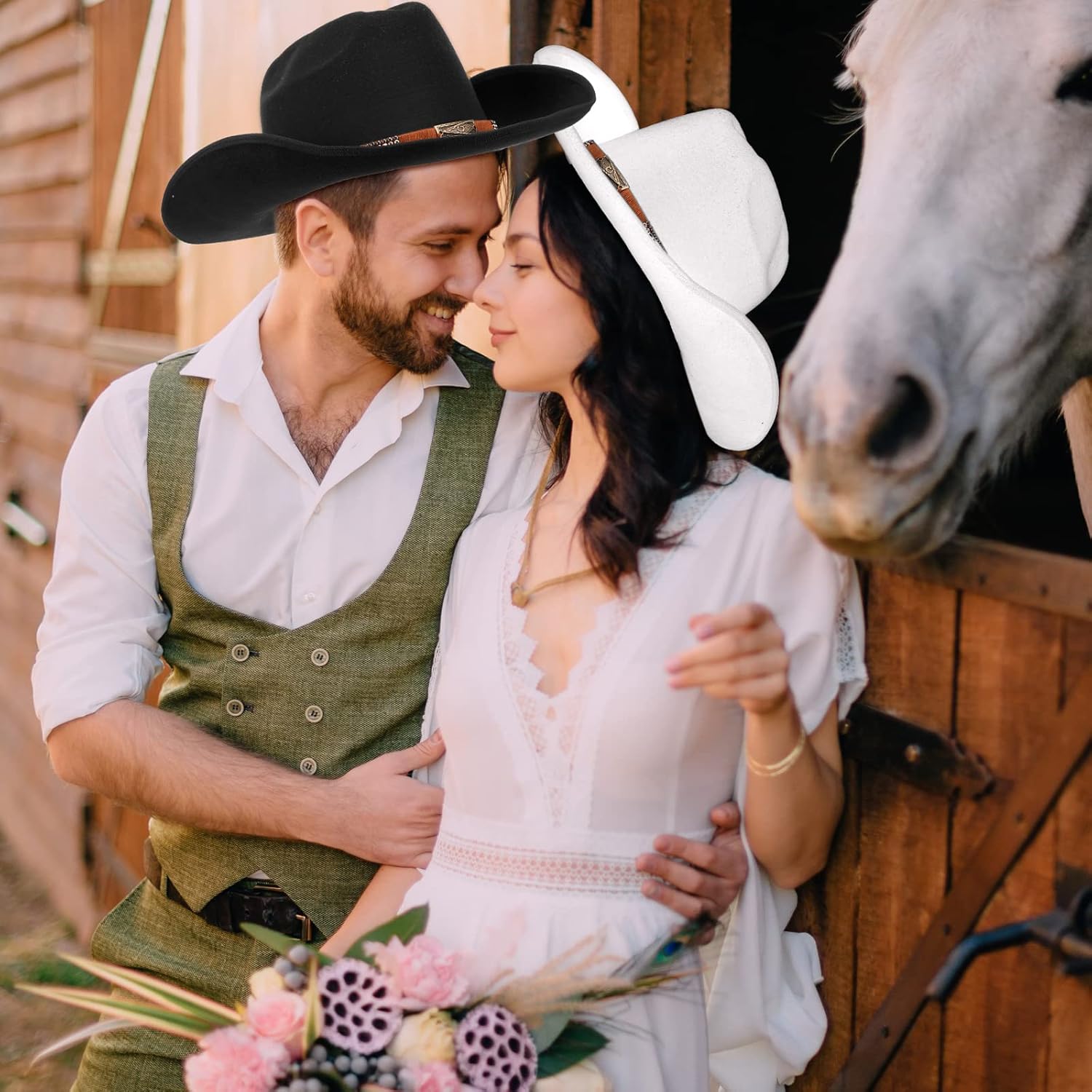 Boyiee 2 Pcs Cowboy Hat for Men Women Western Style Felt Cowboy Wedding Hats Cowgirl Hat Belt Buckle Halloween Party Costumes(Black, White)