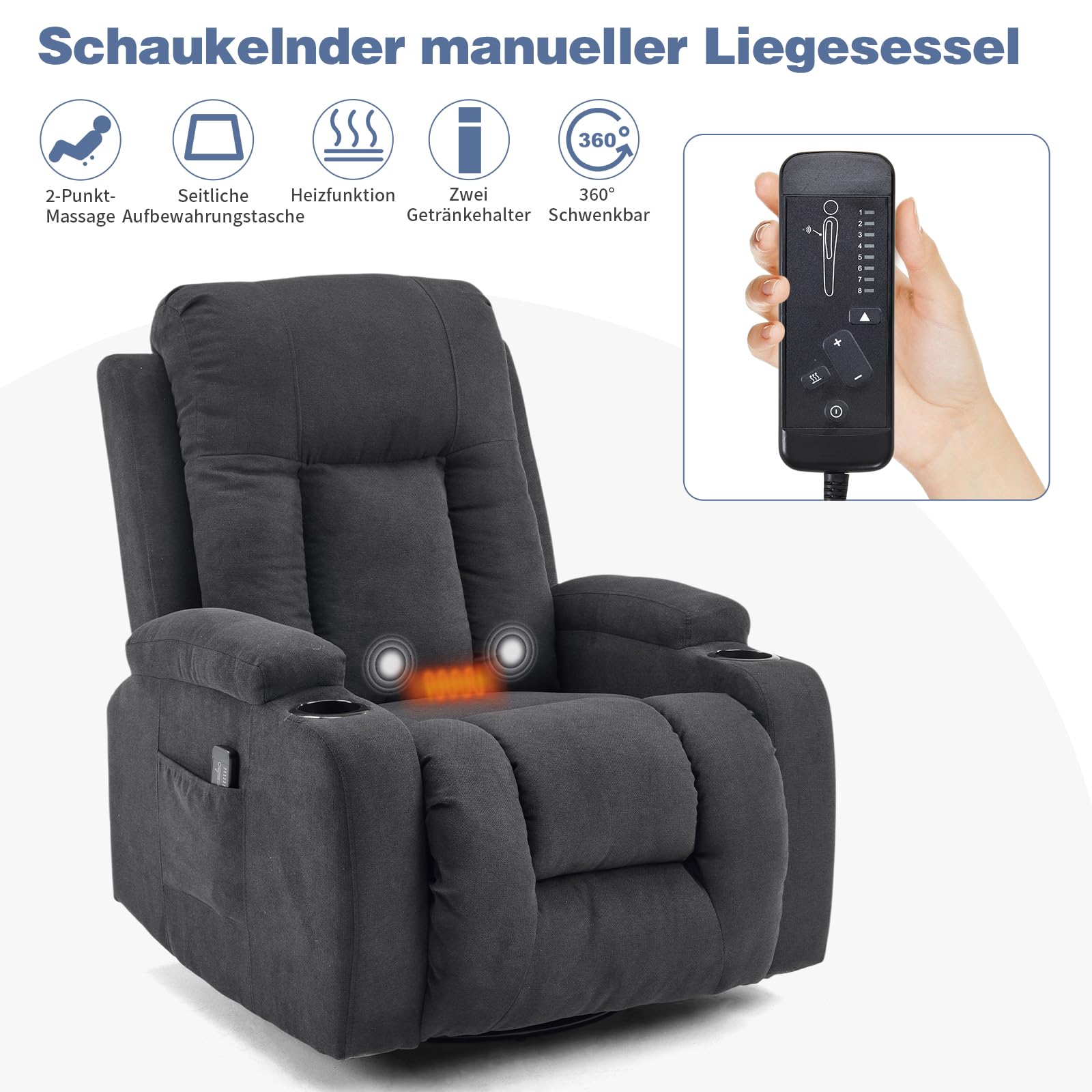 LEADZM Fernsehsessel Relaxsessel mit 360°-Drehung, Elektro-Massagesessel mit Liegefunktion, Massage, Heizung, 2 Seitentaschen und Getränkehalter, Schwarz
