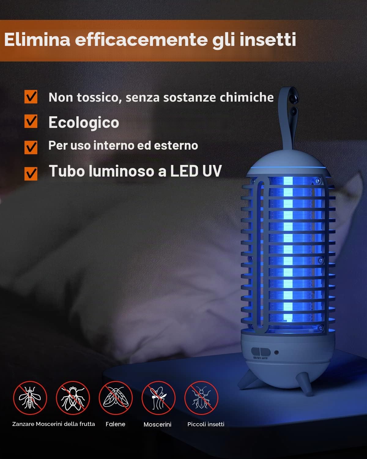 Lampada Antizanzare, PRANITE 2500mAh Zanzariera Elettrica da Campeggio 2 in 1, Antizanzare Giardino Ricaricabile USB, IP65 Insetticida per Zanzare Portatile per Esterno, Interno