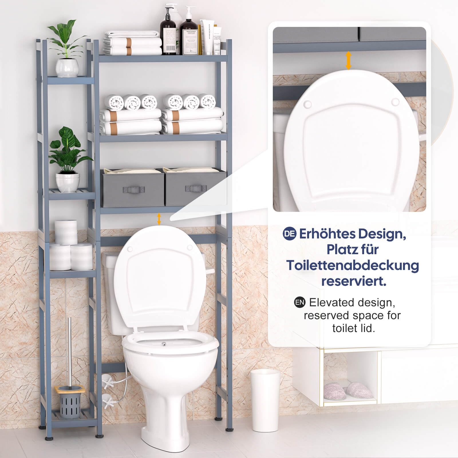 Yorbay Toilettenregal mit 2 Körben, Bambus WC Regal, 3-stöckiges Verstellbar Badregal mit Wasserdichtes Fußpolster, Multifunktional Badezimmerregal, Platzsparend, Einfache Montage (Grau)