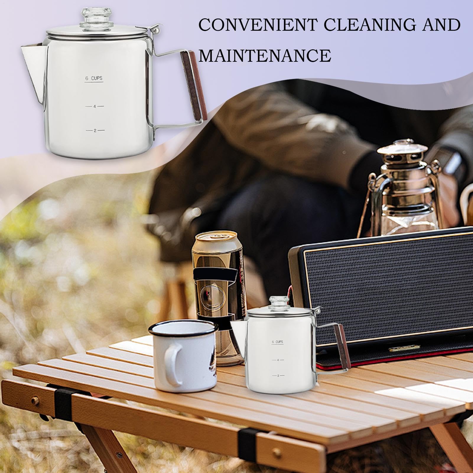 Caffettiera a percolatore, in acciaio inox, macchina portatile con design vintage compatto per campeggio, spiaggia, riunioni familiari e amici
