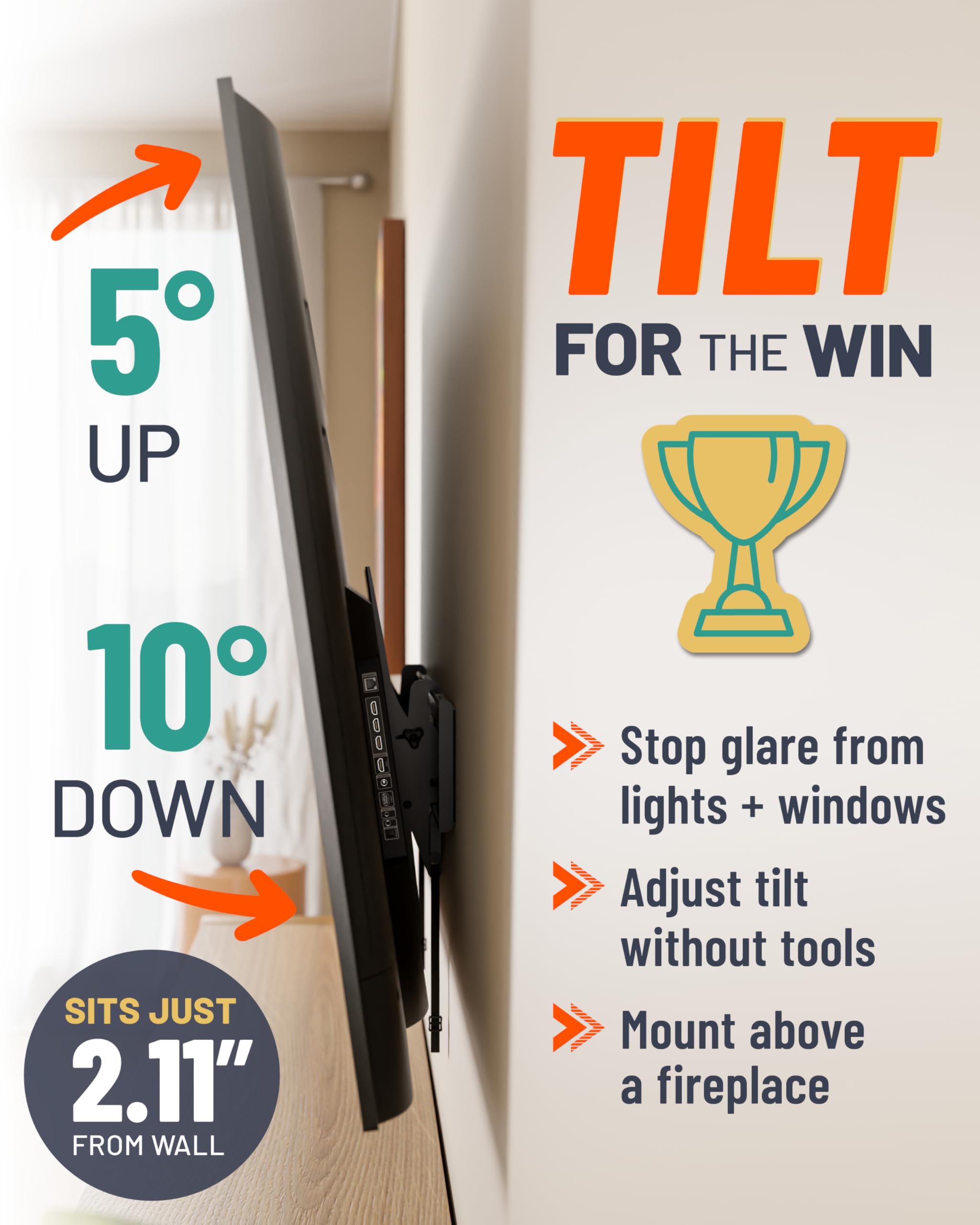 ECHGOGEAR XL Tilting TV Wall Mount for 42” to 95” TVs up to 130lbs – Reduce Glare w/ 10 deg Tilt - Universal TV Mount w/Easy DIY Install, Foldable Bracket, Drilling Template & Included Hardware