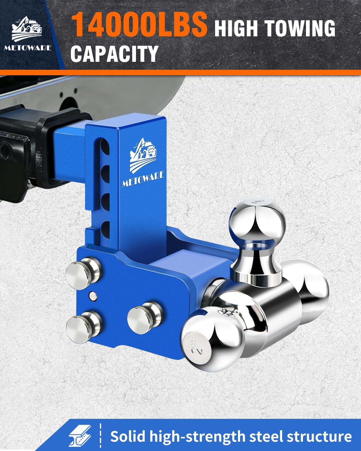 METOWARE Adjustable Trailer Hitch for 2" Receiver - 14,000 LBS GTW Heavy Duty Drop Hitch, 4" Drop/Rise, Tri-Ball (1-7/8" 2" 2-5/16") STOWABLE & Secure Design with Anti-Theft Hitch Lock, Blue