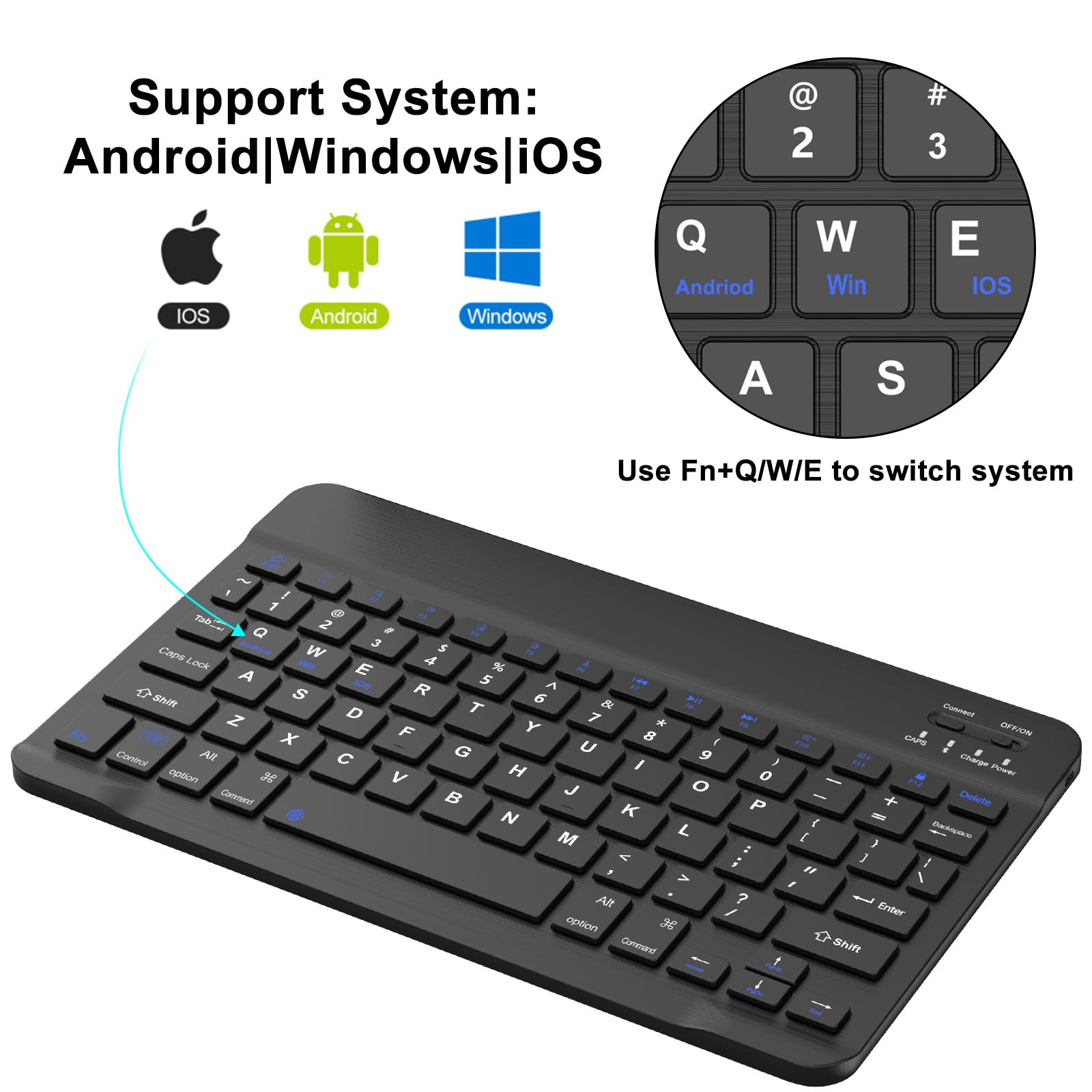 Bluetooth Keyboard for iPad 5th~10th gen, iPad Air (M2 2024, 5th/4th gen), iPad Pro 11-in, Samsung Galaxy Tablet, Xiaomi, Wireless Design, USB-C Rechargeable 90 Days Battery, Black