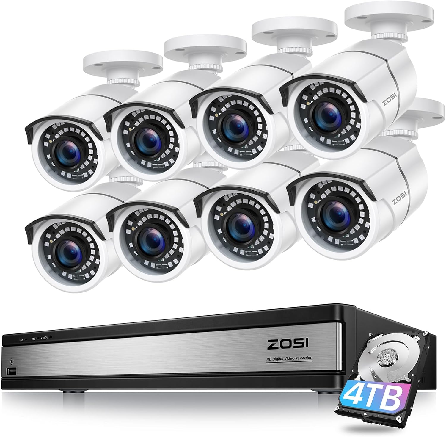 ZOSI 1080p H.265+ Security Camera System, 16 Channel DVR with AI Human Vehicle Detection, 8 x 1080p Surveillance Bullet Cameras Outdoor, 100ft Night Vision, 90° Wide Angle, Remote Access, 4TB HDD