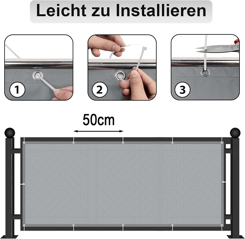 AXT SHADE prelată de protecție pentru balcon 90 x 300 cm, opacă, protecție împotriva vântului și razelor UV, rezistentă la intemperii, gri deschis, cu coliere de fixare incluse