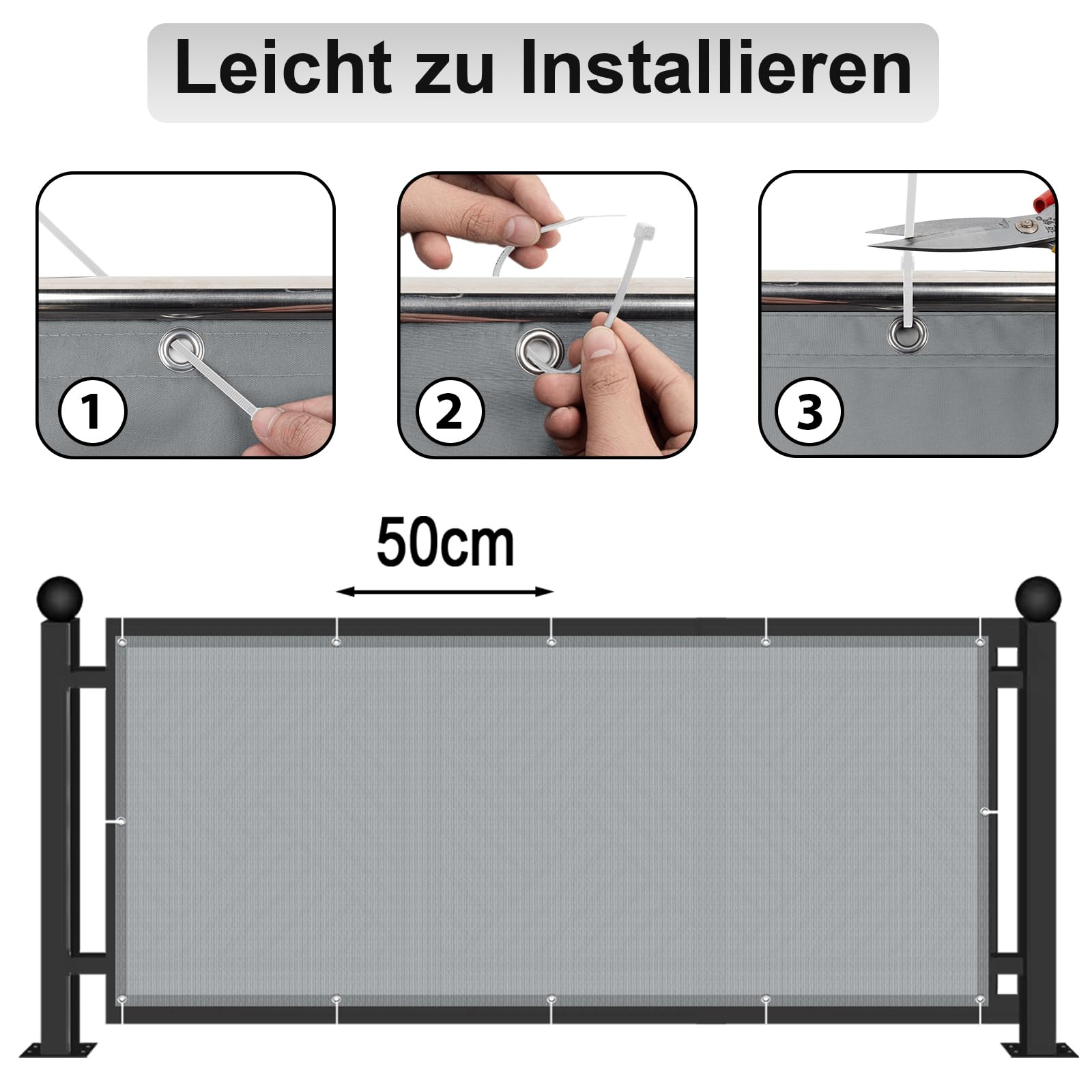 AXT SHADE Benutzerdefinierte Größe Balkon Sichtschutz Wetterfest 0.9x6m Balkonverkleidung Balkonabdeckung Balkonbespannung Blickdichte Windschutz und UV-Schutz für Balkongeländer-Hellgrau