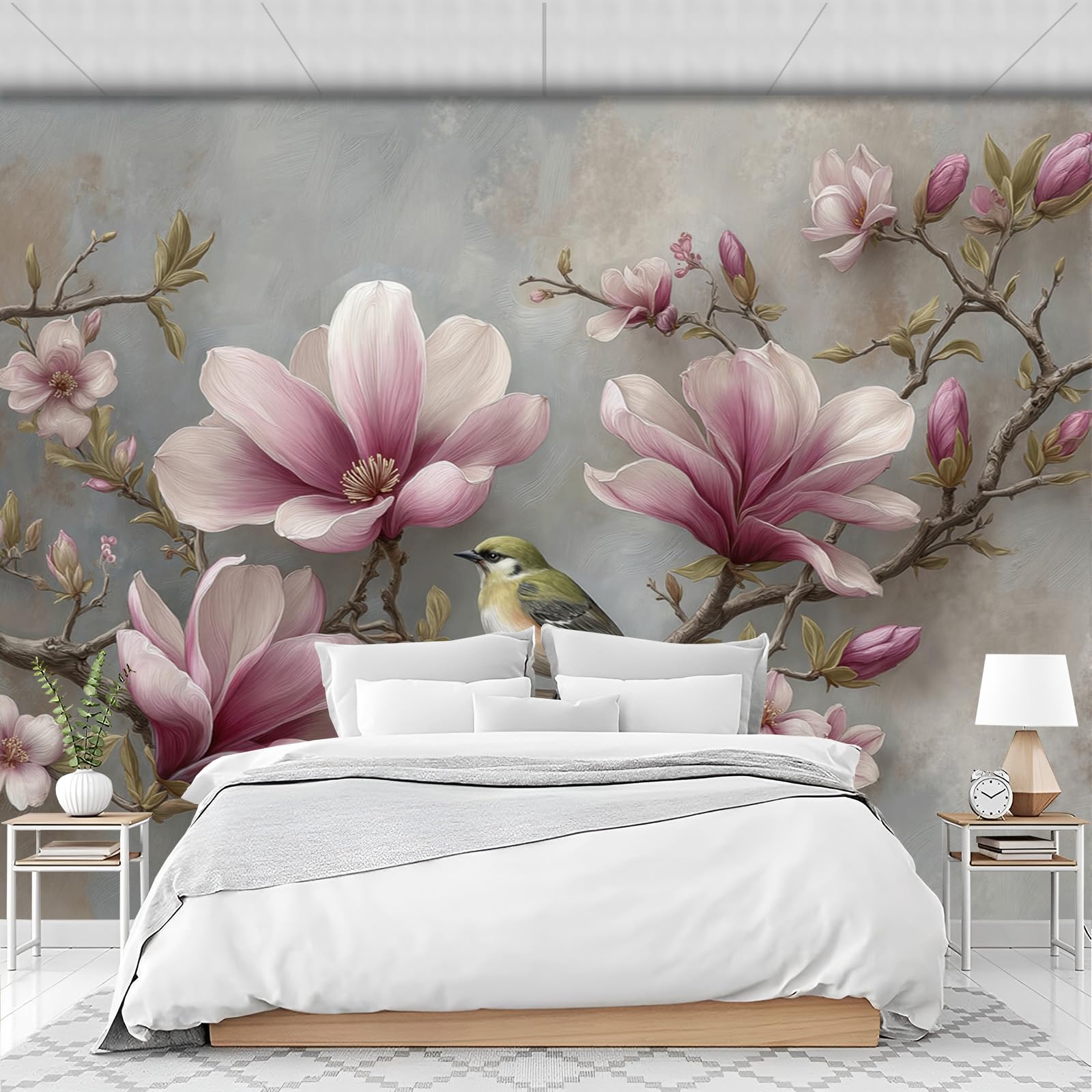 Art Papel Tapiz Fotográfico Flores Magnolia Rosa 3D Papel Pintado 300 × 210 cm Decoración De Pared Sala Cuarto Póster Mural Para Sala De Estar Dormitorio Decoración, Rubor En Polvo