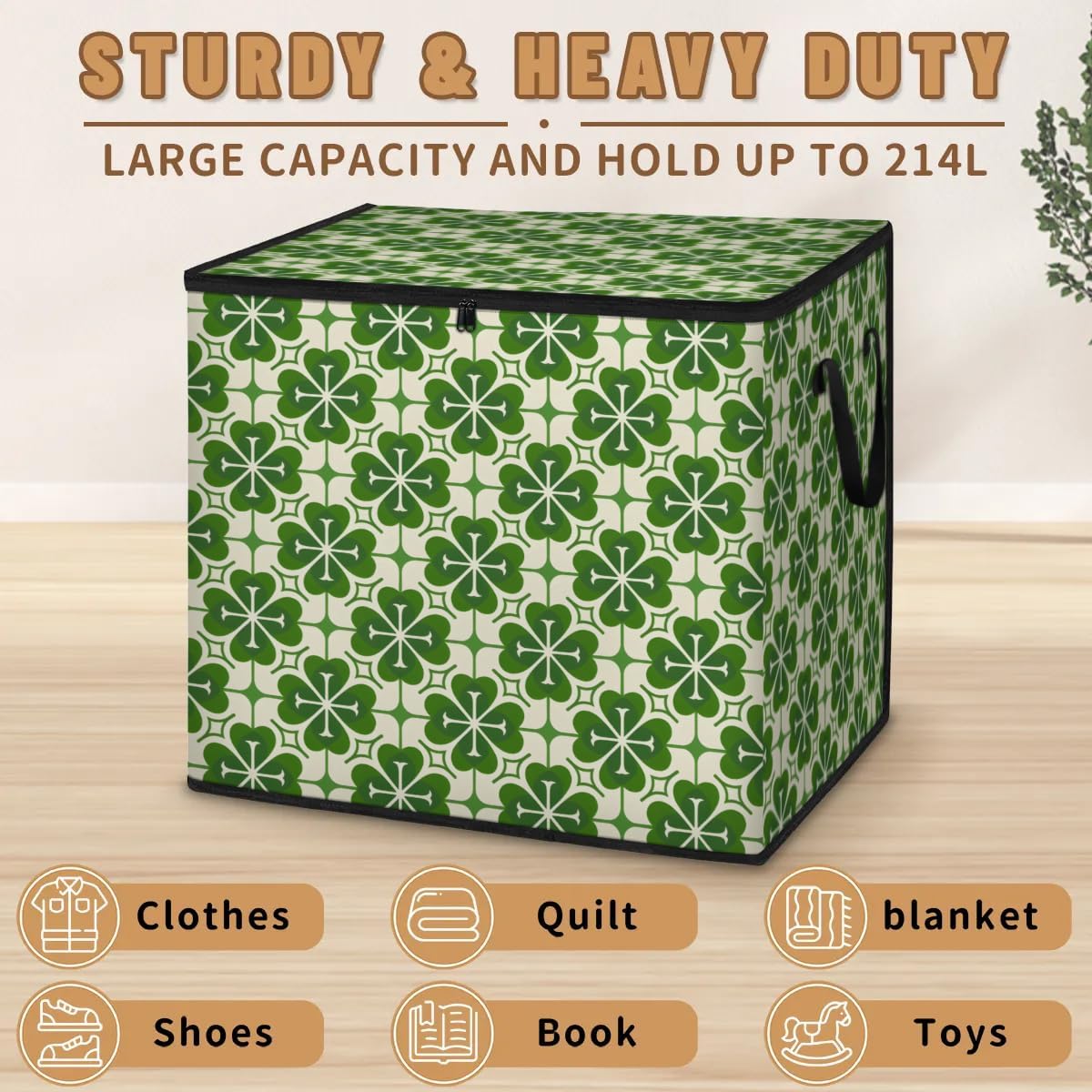Honeybaby 214L Extra Large Comforter Storage Bag Geometric Clover Storage Totes with Lids Waterproof Closet Organizer Folding Blanket Storage Bags for Clothes Bedding Pillows