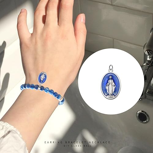 Vista 8 de 20 dijes ovalados de Medalla de la Virgen Milagrosa de aleación de esmalte azul Nuestra Señora para mujeres y hombres, collar católico de bricolaje