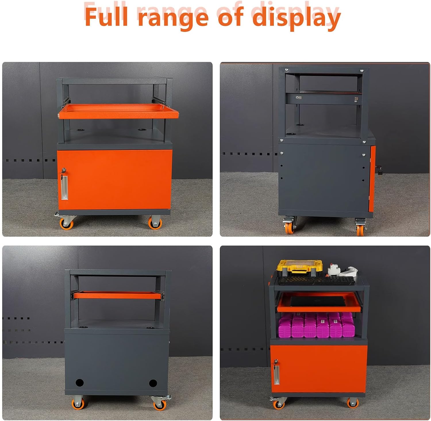 Steel Large AV Cart with Extra Storage Cabinet, Metal Presentation Cart with Keyboard Tray, Rolling Media Cart with Wheels for Computer Laptop Projector Printer
