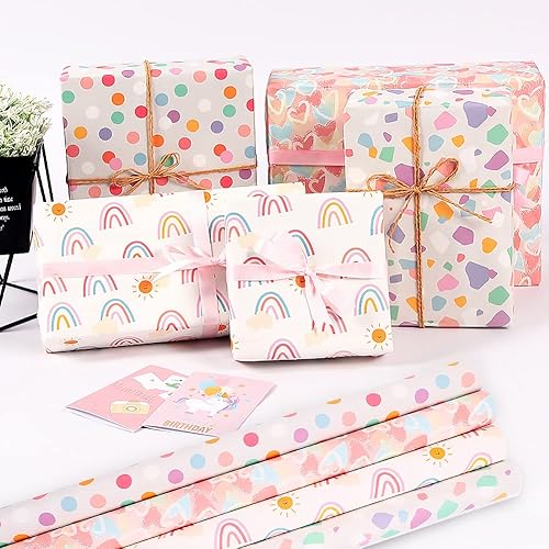 Miniatura 3 de MAMUNU Juego de 8 hojas de papel de regalo, papel de regalo de cumpleaños arcoíris para niñas, hojas de papel de regalo con etiquetas de regalo y