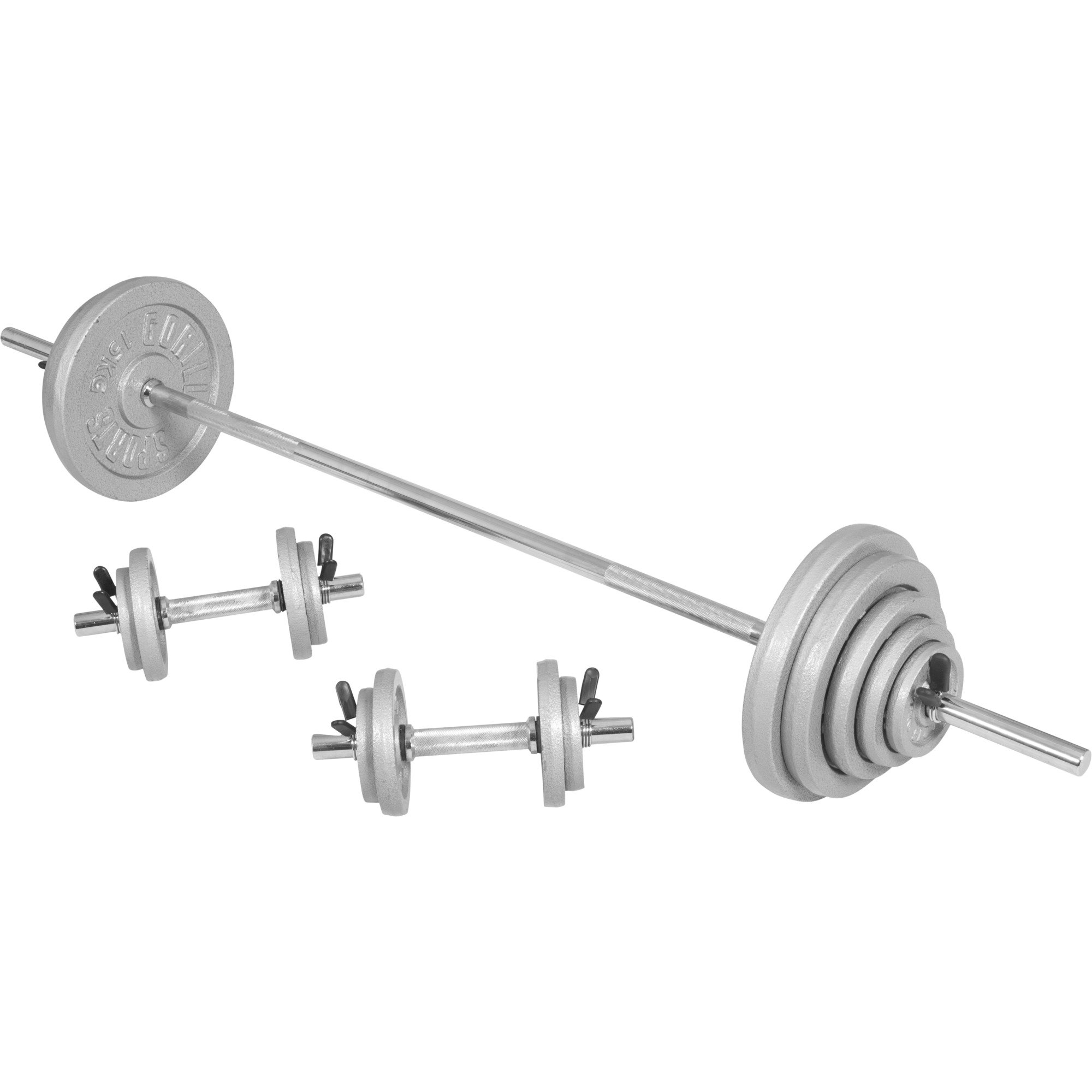 GORILLA SPORTS® Hantelset 100 kg mit Langhantel und 2 Kurzhanteln, 30 mm | Gusseisen-Gewichte, Langhantelstange 170 cm, Kurzhanteln 35 cm und 6 Stern- oder Federverschlüsse für Krafttraining