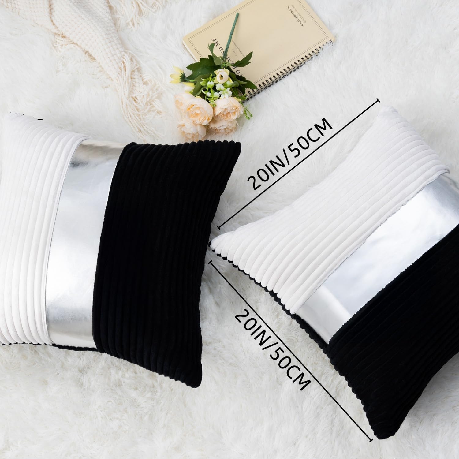 Black and Cream White Boho Striped Corduroy Throw Pillow Covers with Silver Leather Patchwork 20x20 Inch, Pack of 2, Double-Sided, Soft Spring Decorative Pillows for Couch and Living Room