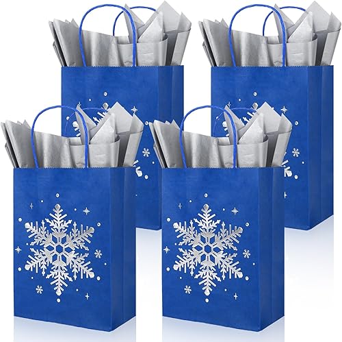Miniatura 1 de Whaline 24 bolsas de papel kraft de Navidad con 30 hojas de papel de seda plateado, bolsas de regalo de copo de nieve azul plateado con asas, bolsas