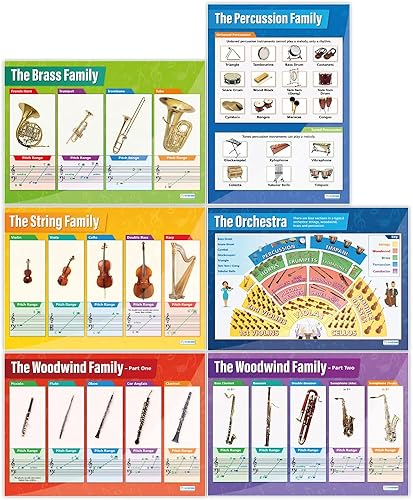 Daydream Education Instrument Family Orchestra - Pósteres musicales para aula, juego de 6, papel brillante, extragrande, 33 x 23.5 pulgadas,