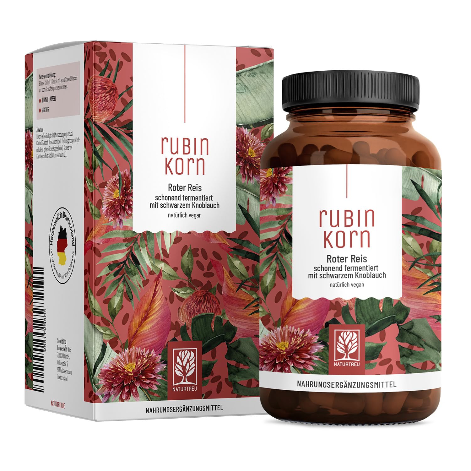 NATURTREU® Roter Reis Komplex abgerundet mit schwarzem Knoblauch Extrakt - 2,9 mg Monacolin K pro Tagesdosis - mit Cholin für normale Leberfunktion - Fermentierter Roter Reis - 120 Kapseln