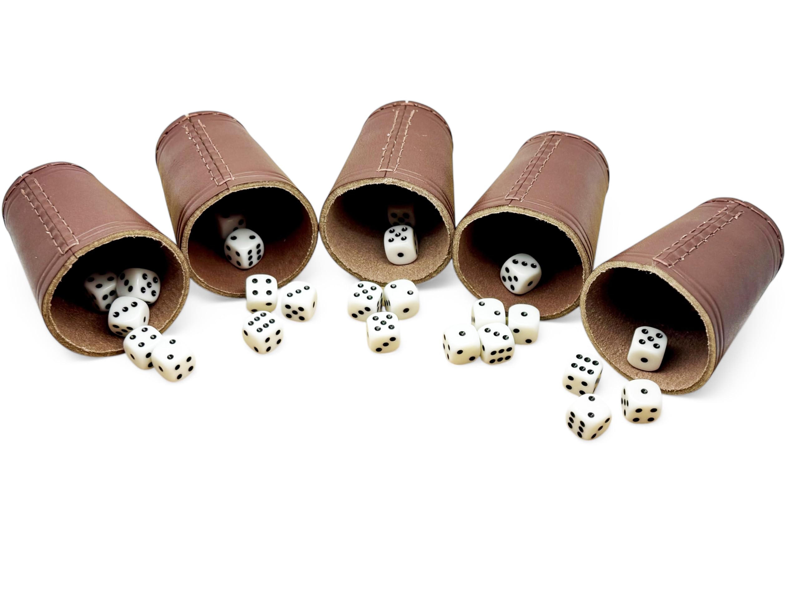 Würfelbecher Leder | 5er Set mit 30 Würfeln (16mm) | Handgefertigte Premium Echtleder Becher Braun (9cm x 7cm)