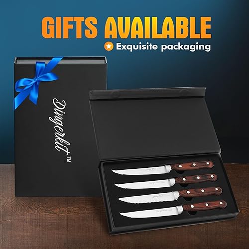 Miniatura 6 de Juego de 4 cuchillos para carne de acero inoxidable alemán afilados con mango de madera de Pakka para Navidad, parejas, boda, compromiso,