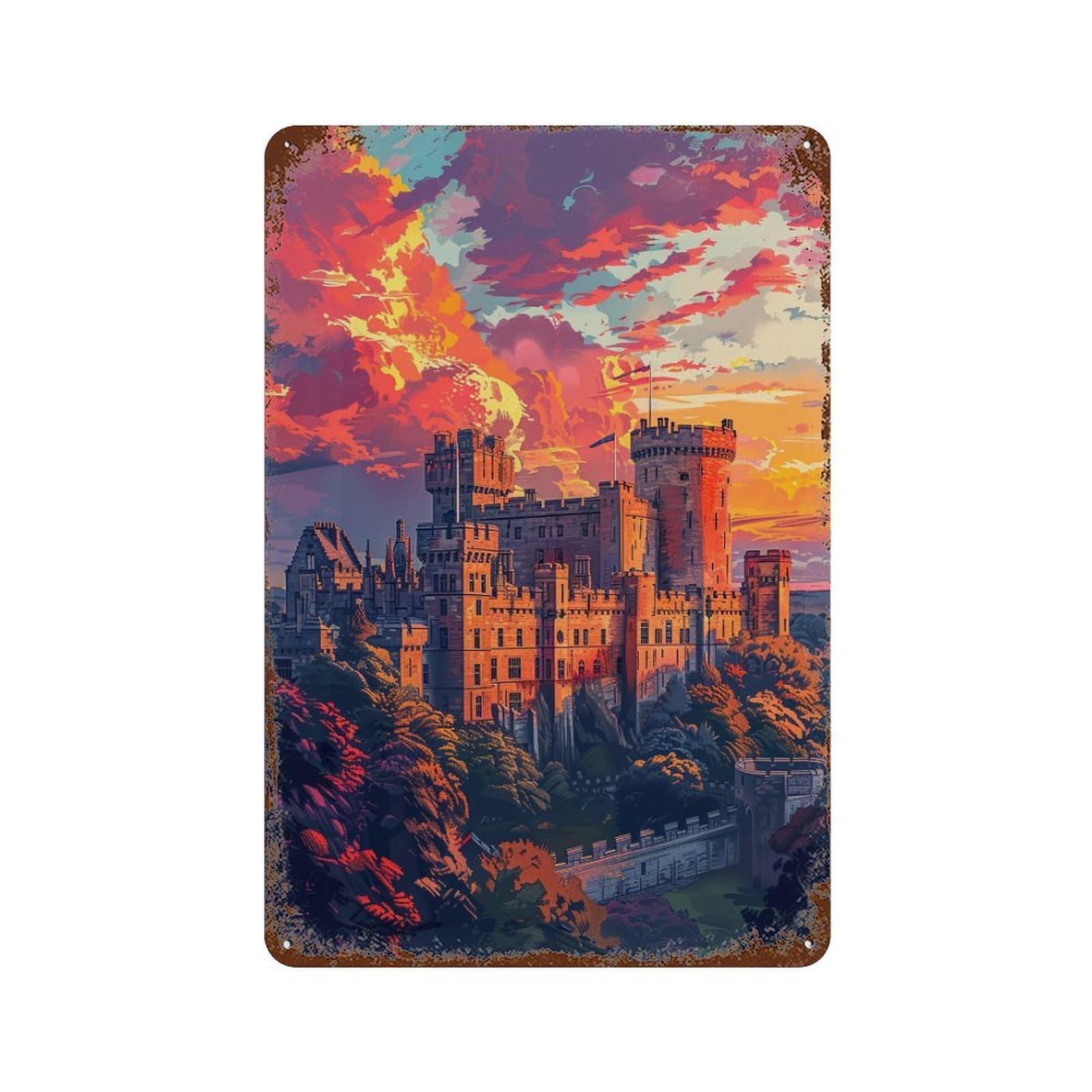 Castle Sunset Landscape-2 Vintage Metal Tin Sign 11.8"x7.9", Ideal for Basement, Hobby Room And Garage Decor