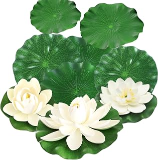 9PCS Artificial Floating Foam Lotus Flowers with Artificial Lotus Leaves: Lily Pads for Lake - Pond Plants Ornaments for Pool Aquarium Water Decoration, White