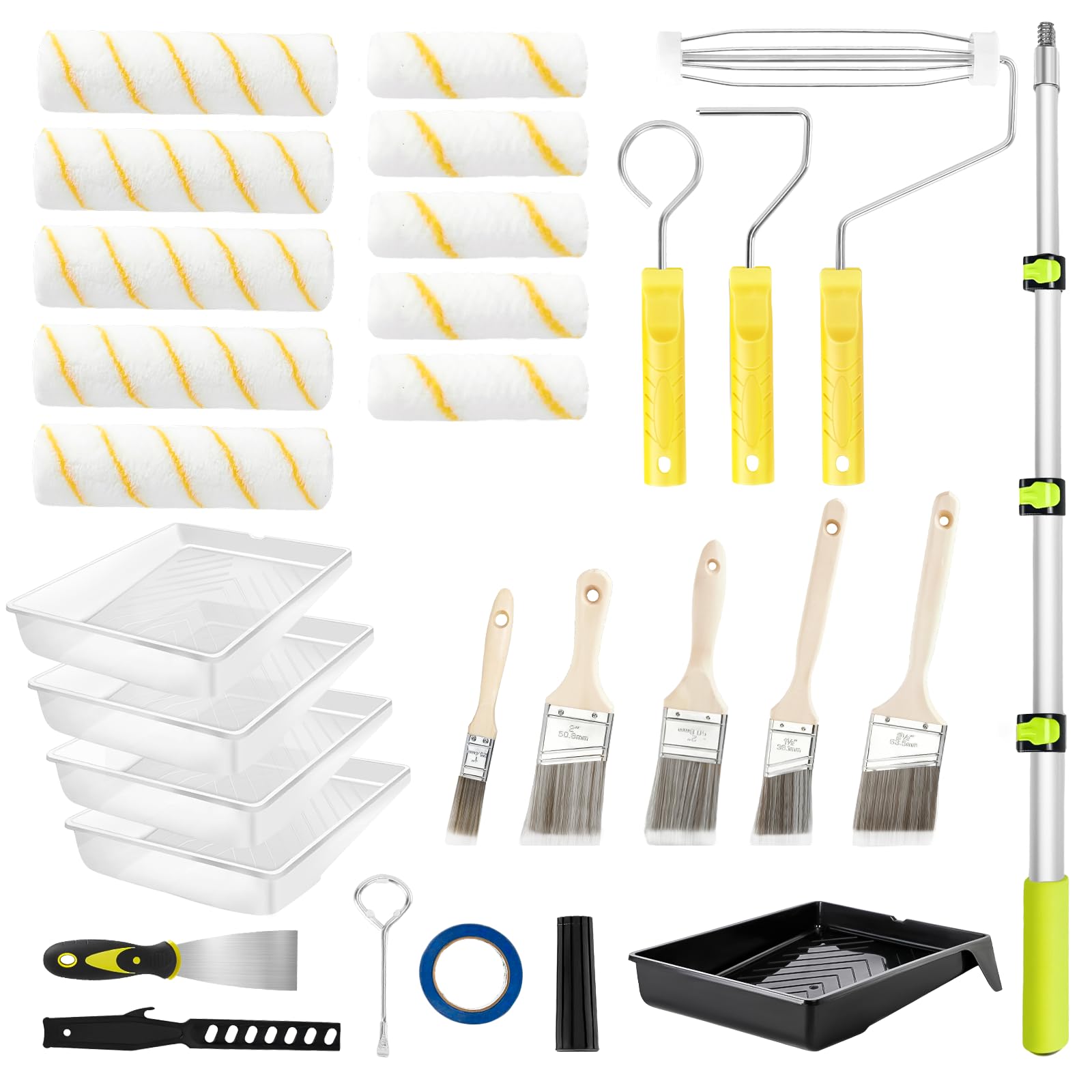 29 PCS Paint Roller Kit-Rocfinity Paint Roller with 4ft Extension Pole,Microfiber Paint Rollers 9 inch 4inch,Pro House Painting Supplies with Adhesive Tape, Non-Slip Tray for Painting Walls &amp; Ceilings