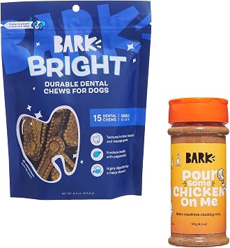 BarkBox Dog Dental & Meal Topper Bundle Bright Durable Small Breed Dental Chew Sticks 15 Chews with Chicken Shake & Pour Food Topper