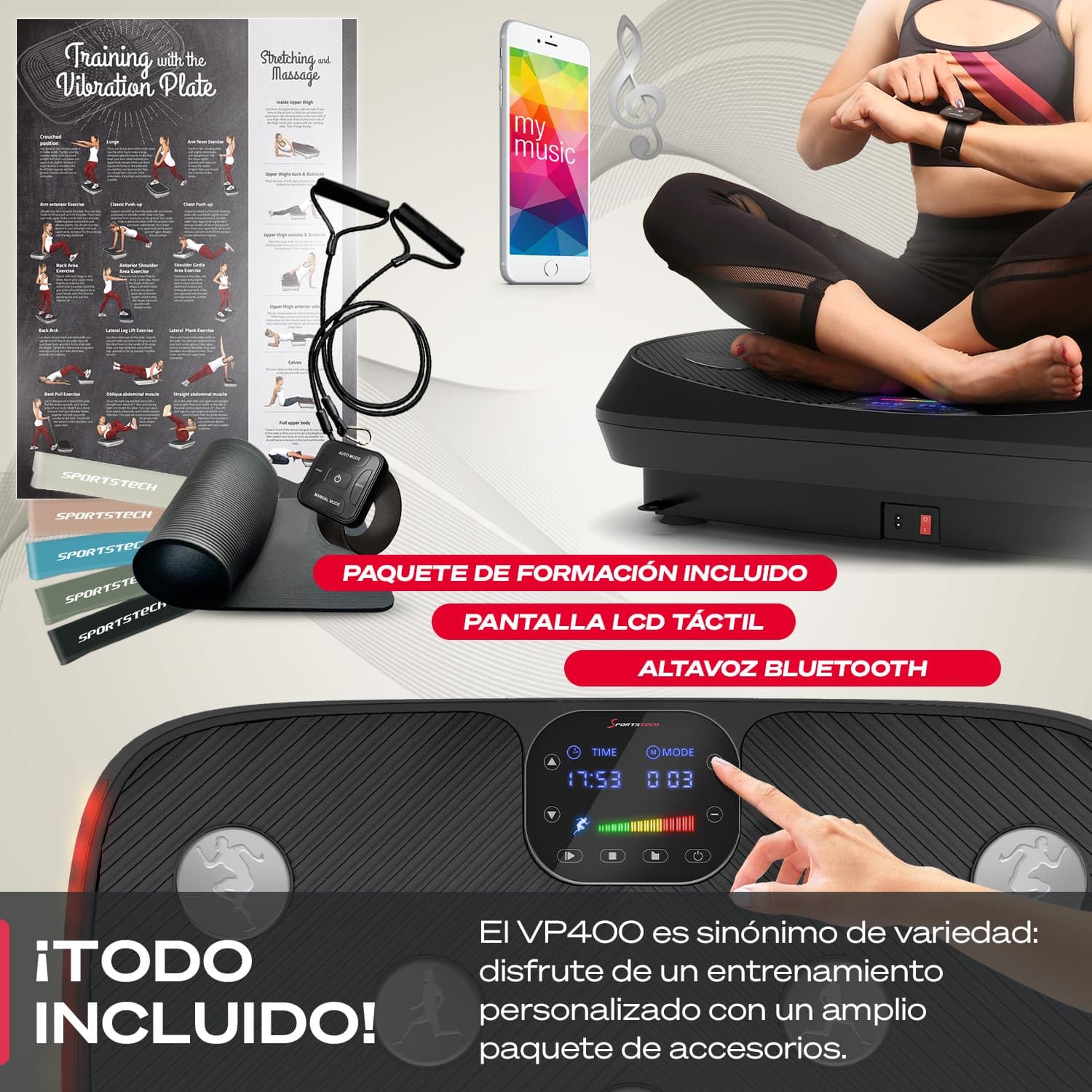 Sportstech 4D VP400 Plataforma Vibratoria de Diseño Curvo + Videos de Entrenamiento, Pantalla Táctil, Gran Superficie, Tecnología LED, Reloj Remoto, Bandas de Resistencia, póster y Esterilla