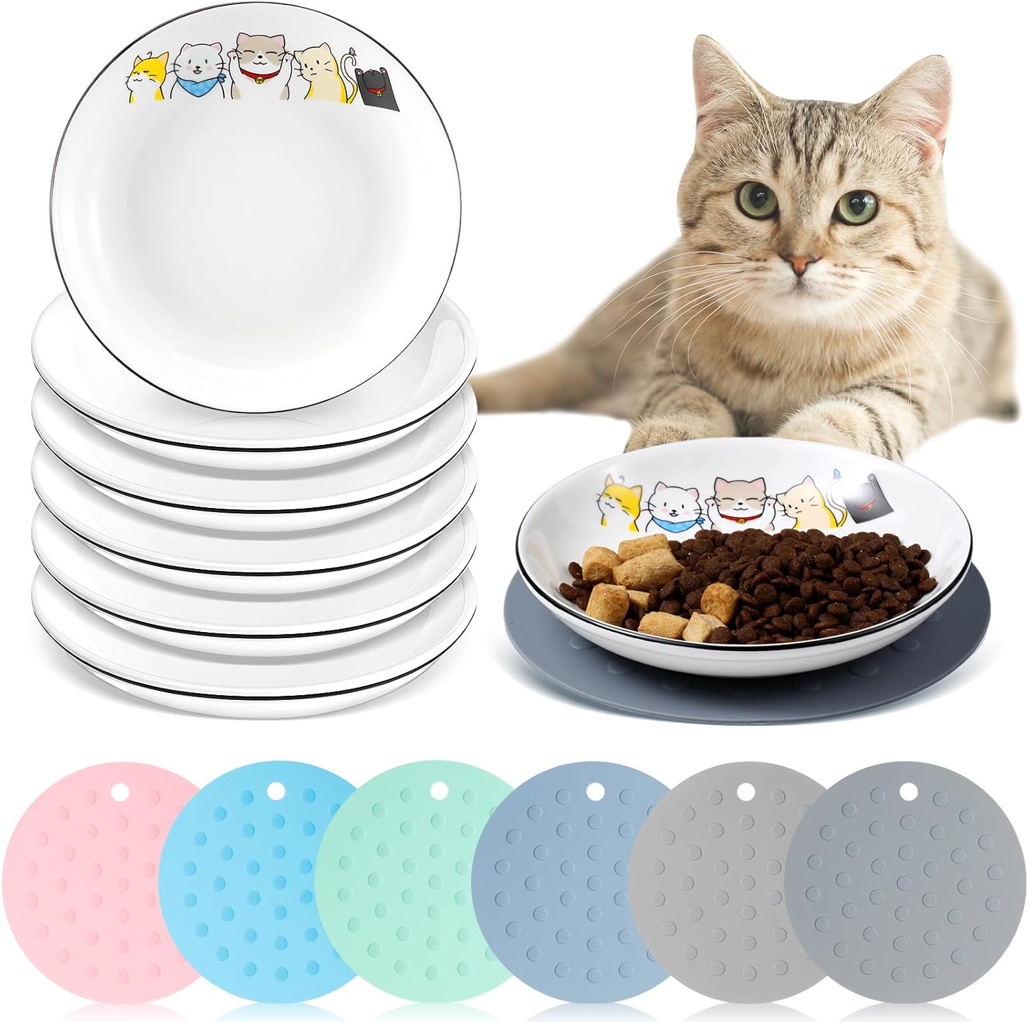 Thenshop 6 Pcs Beard Fatigue Cat Bowls with 6 Pcs Silicone Anti Slip Mats, 6 Inch Ceramic Cat Plates Wet Food and Water Bowls, Wide Shallow Food Dishes for Feeding Kittens Small Pets(Cute Style)