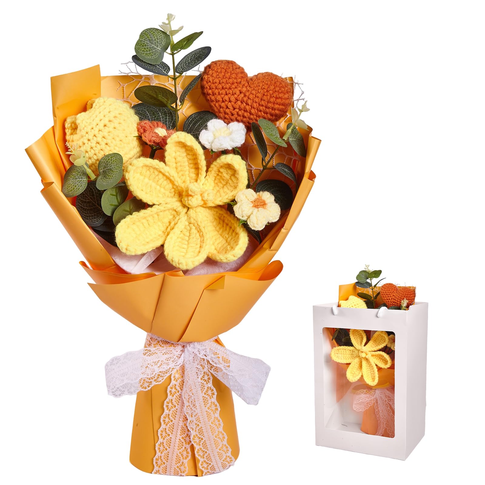 Aigocity Orange-C Crochet Flower Bouquet,Handmade Knitted Artificial Flowers Orange