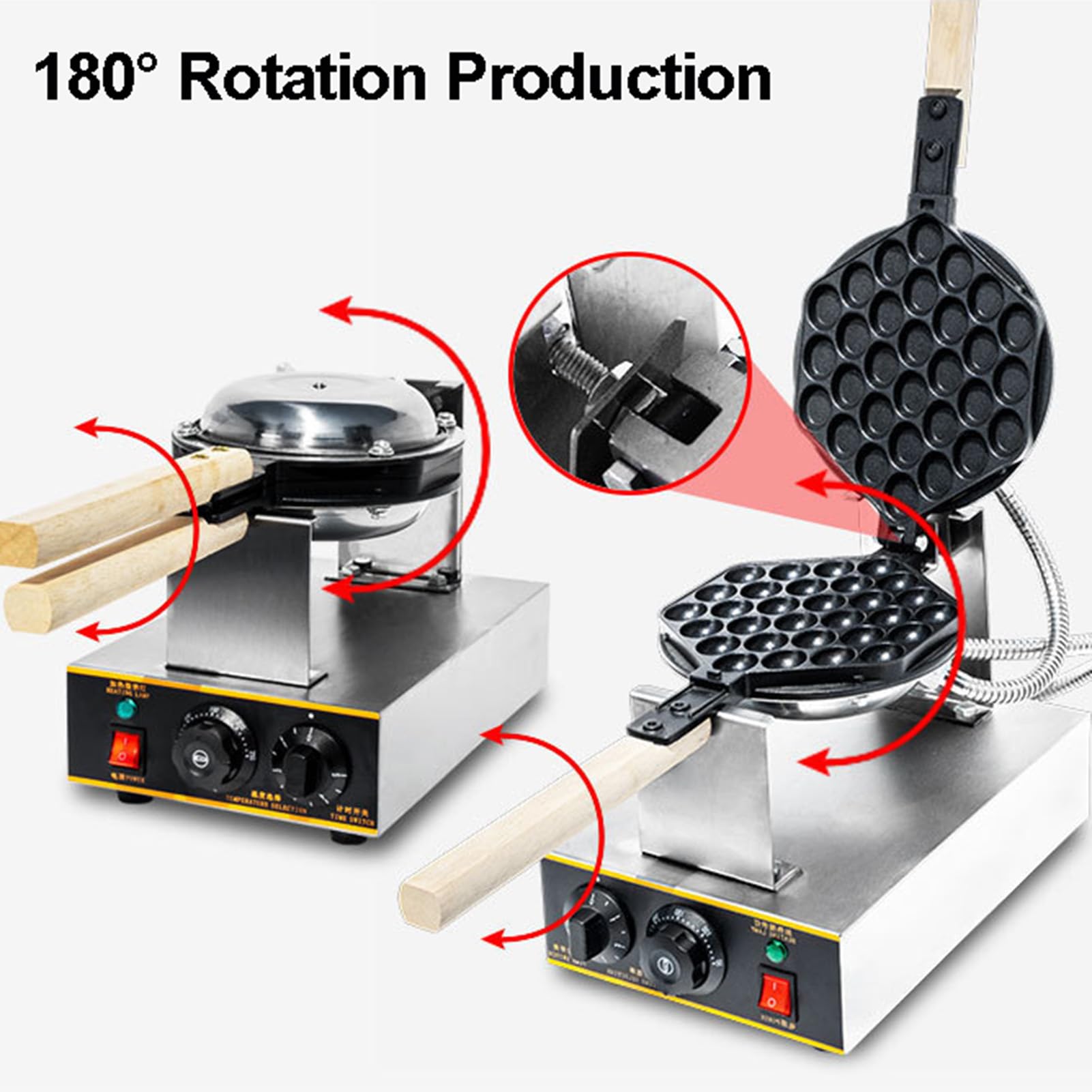 Gofrera de Burbujas con Soltero/Doble Cabezal Bubble Waffle Comercial Antiadherente Máquina de Gofre Estilo de Hong Kong 50-250℃,Sarten Gofres Girario 180 Grado (Size:Cabeza única)