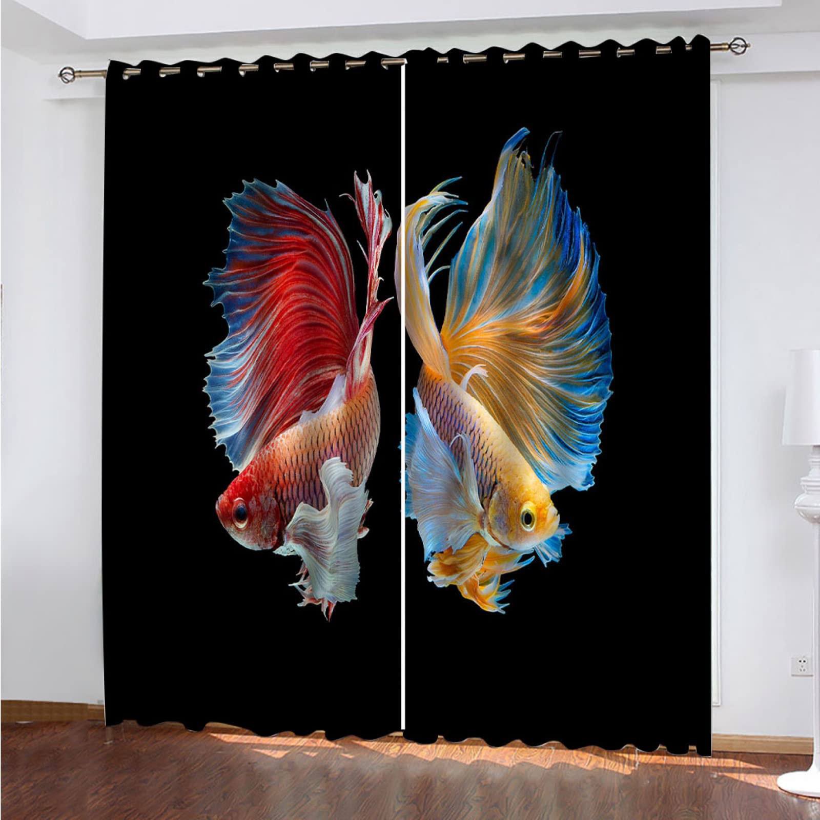 KEIBEK Curtains & Drapes Blackout 2 Panels Set - 3D Red Goldfish Print Thermal Curtains for Bedroom Home Decor Boys/Girls - Farmhouse Curtains for Living Room Grommet Top 63 Inche Length