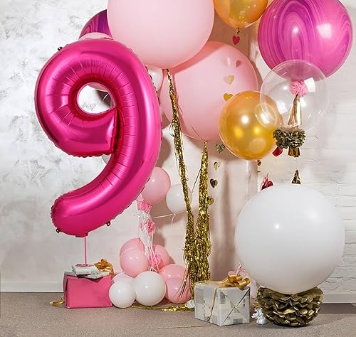 Miniatura 3 de Globos grandes de 40 pulgadas de color rosa intenso con el número 9, globos gigantes de Mylar para cumpleaños, aniversario, fiesta, graduación,
