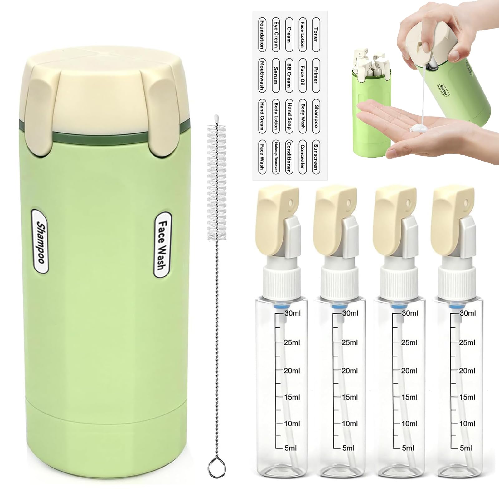 4 in 1 Travel Dispenser,4 Pack 30ML Travel Bottles for Toiletries,Refillable Leak Proof Portable Bottle Set for Shampoo,Shower Gel,Suitable for Travel,Gym,Vacation,Camping (Green-1)