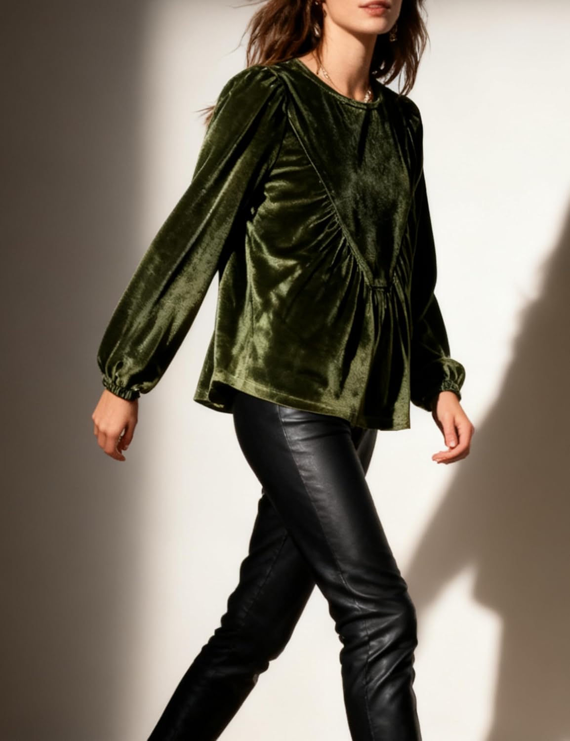 Gozoloma Women's Velvet Peplum Top Long Sleeve Babydoll Blouse Bubble Sleeve A-Line Swing Elegant Shirts - Image 5