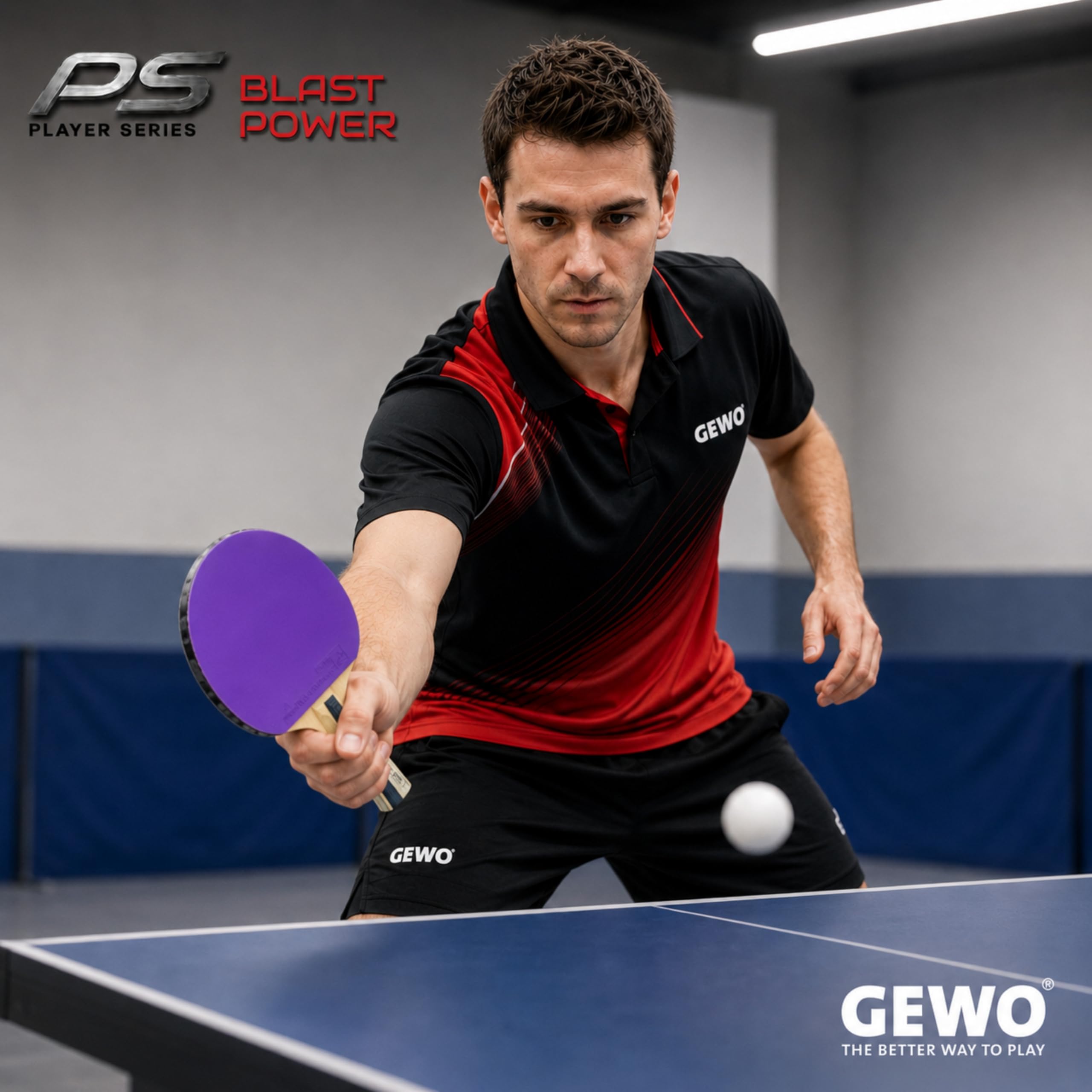 GEWO PS Blast Power rakieta do tenisa stołowego – profesjonalna rakieta do tenisa stołowego z kontrolowaną powłoką Thunderball 2 i wysokimi właściwościami obrotowymi, wklęsła, gąbka 1,8 mm