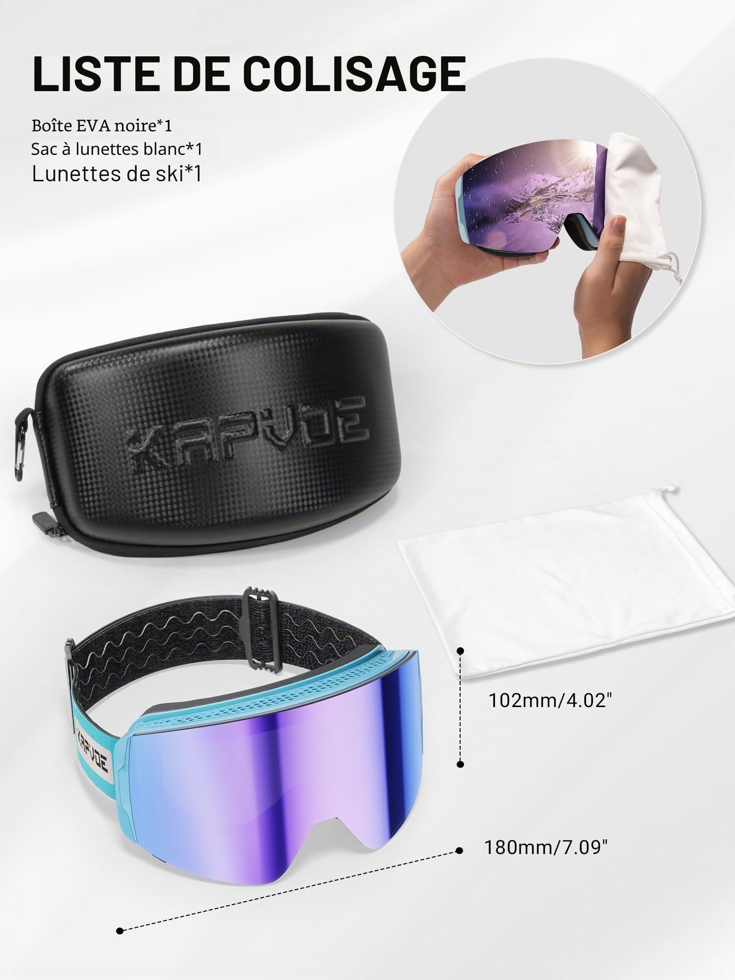 KAPVOE Masque de Ski OTG pour Homme et Femme Anti-buée Lunettes de snowboard à Verres Magnétiques Interchangeables, Protection UV400 Pour Sports D’hiver K718