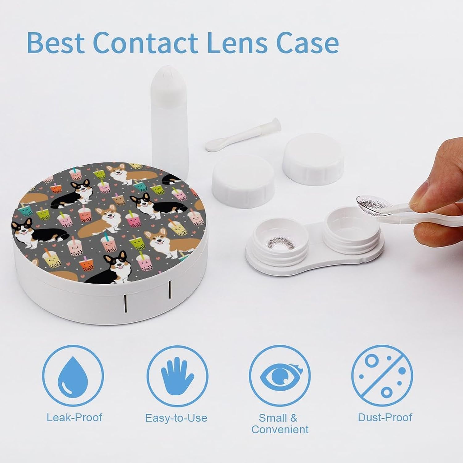 Cute Corgi Pet And Milk Tea Contact Lens Case,Compact Portable Circle Contacts Lenses Case with Mirror Tweezers Contacts Lenses Container for Travel Daily Life