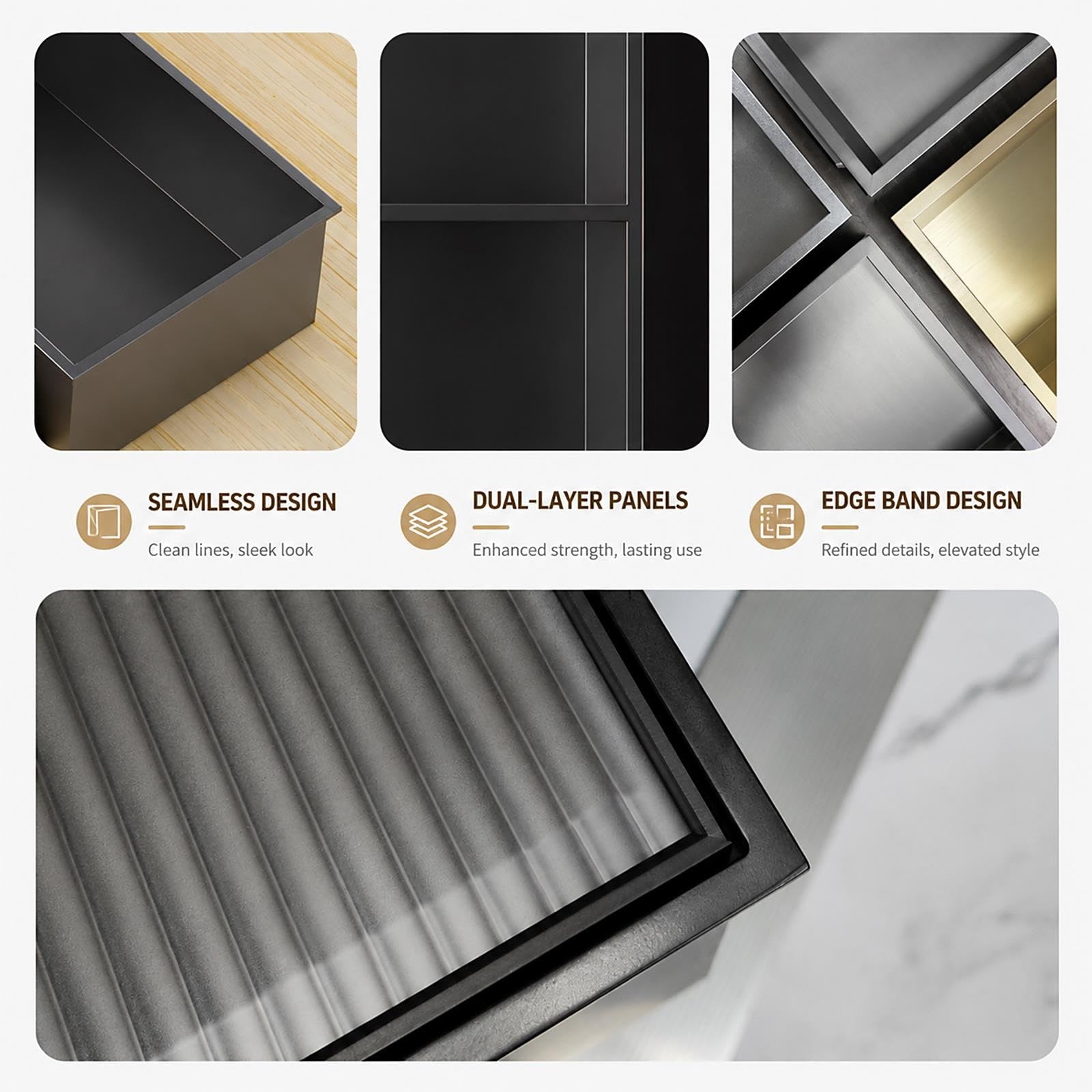 Nicho de pared empotrable de acero inoxidable con puerta de vidrio y cubo