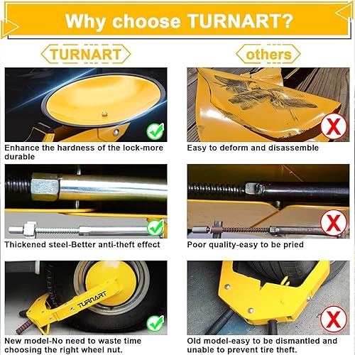 Miniatura 3 de TURNART Bloqueo universal de rueda antirrobo para coches, SUV, caravana, remolque, 3 llaves, 1 manivela, amarillo