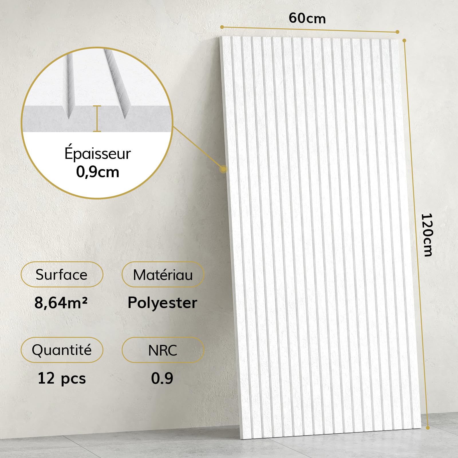 TONOR Lot de 12 Panneaux Acoustiques, 120x60x0,9 cm, Panneau Acoustique Auto-adhésifs, Panneau Acoustique Mural Décoratifs pour la Maison, le Studio et le Bureau pour Absorber l'écho, Blanc