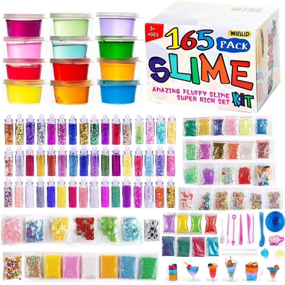165 Pack DIY Slime Kit, Slime Making Kit Includes 12 Crystal Slime, Glitter Jars, Charms, Sugar Paper, Foam Beads, Fishbowl Beads, Toy Cups, Slices, Mica Powders and Tools for Kids Girls by WINLIP