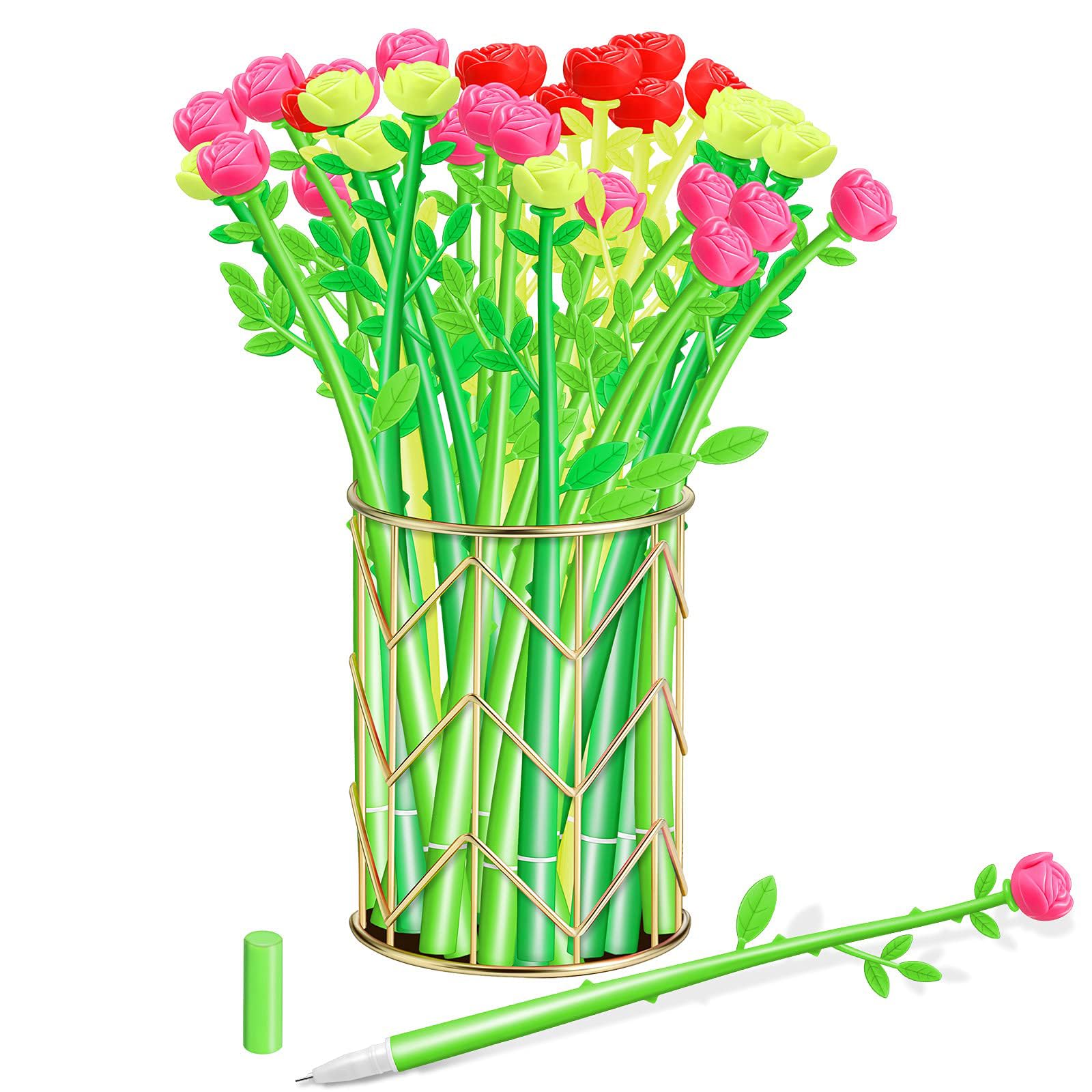 TERRIFI Flower Pens Gifts Artificial Rose Pens, 30 Pcs Creative Black 0.5mm Ink Pens Bulk Wedding Birthday Party Favors Office School, for Kids Girls Women, Home School Decoration Supplies